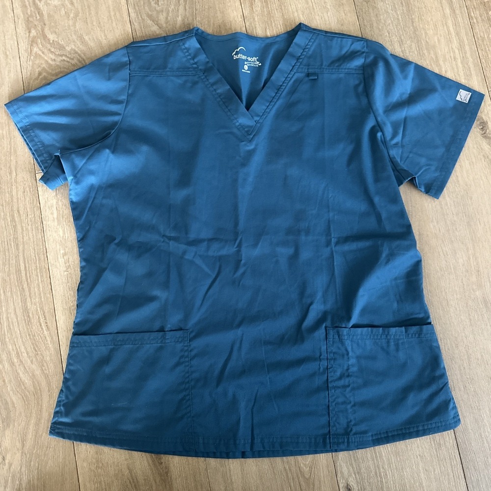 Butter Soft Stretch Women's Large Scrub Top Teal Green Medical Pockets